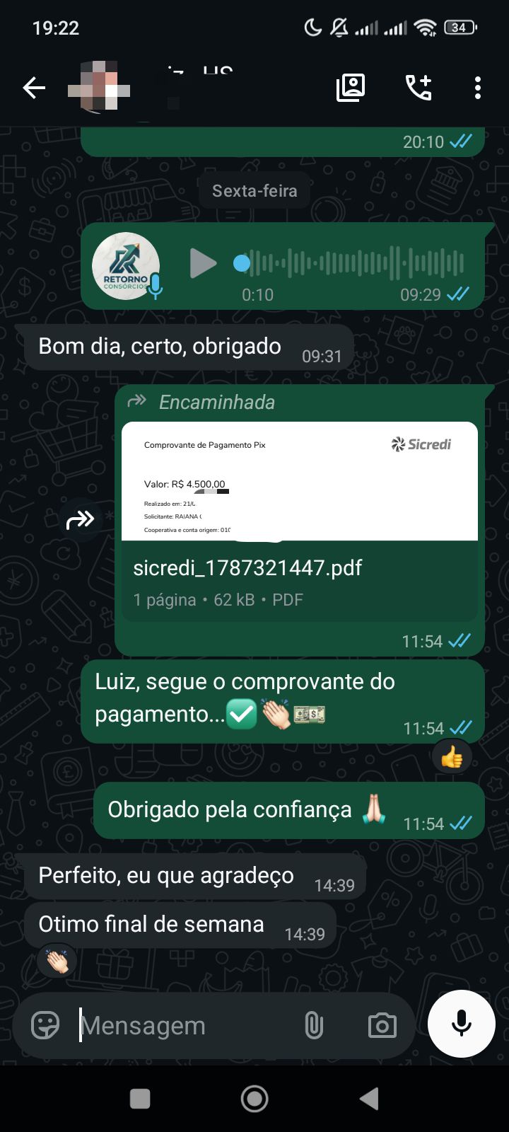 Comprovante de pagamento Pix de cota Sicredi