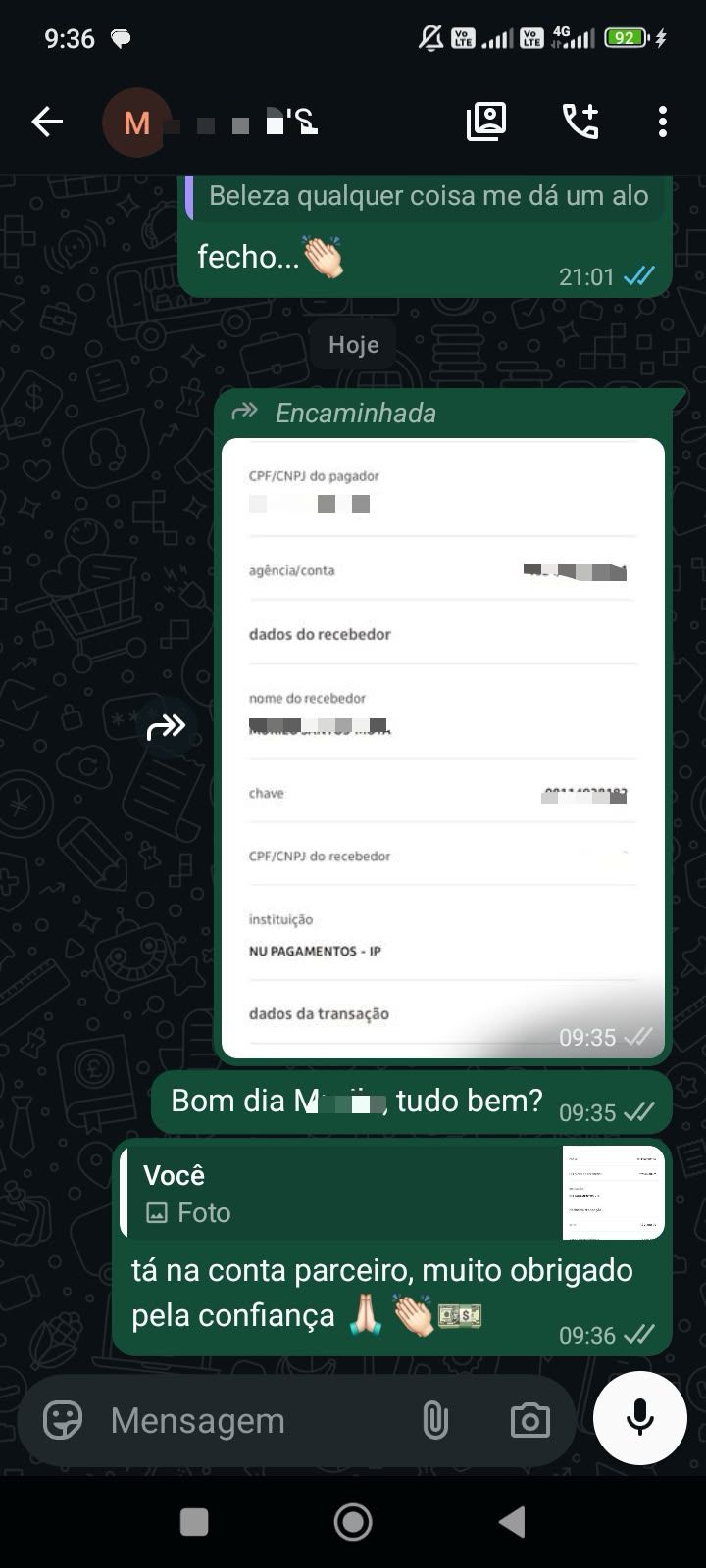 Comprovante de pagamento enviado ao cliente