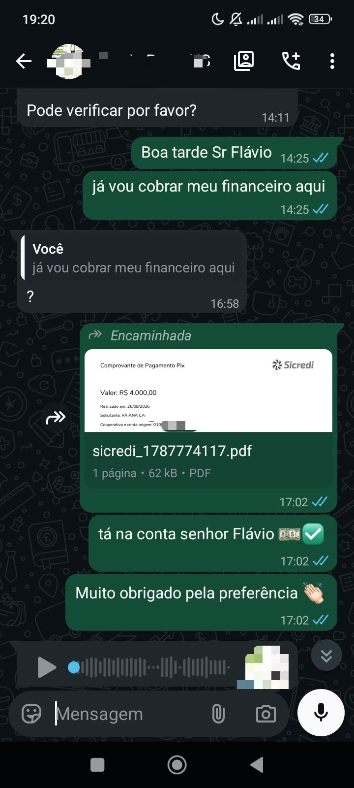 Cliente confirmando o recebimento do pagamento