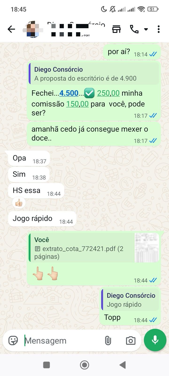 Comprovante de operação concluída no WhatsApp